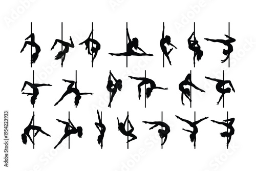 Silhouette of aerial yoga and fitness poses for women in black