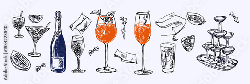 Hand drawn Italian cocktail and wine illustration set in La dolce vita style with drinks glasses and citrus elements, cocktail, wine, italian, bar, beverage