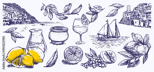 Hand drawn Mediterranean coastal illustration set with lemon wine sailboat and Italian seaside village in vintage line art style, mediterranean, lemon, wine, coastal, illustration