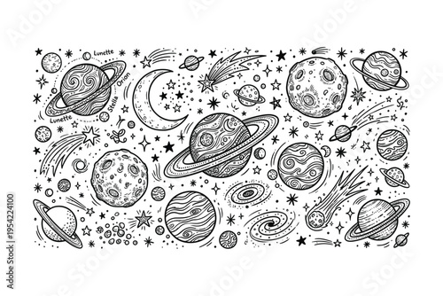 A cosmic illustration of planets moons stars and galaxies in a whimsical drawing style