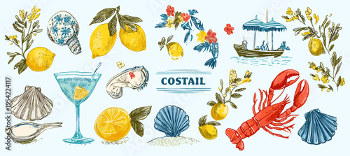 Mediterranean seafood and citrus illustration collection with lobster lemon cocktail and coastal summer elements, food, travel, mediterranean, summer, illustration