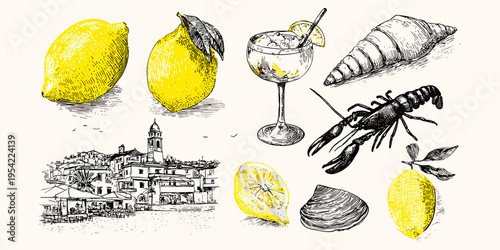 Mediterranean summer illustration set with lemon lobster cocktail and coastal village in vintage engraving style, mediterranean, lemon, seafood, travel, illustration