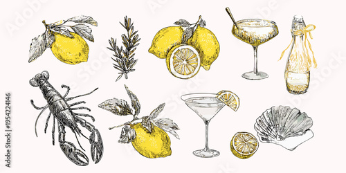 Italian coastal summer collection with lemon citrus lobster wine glass and seaside town hand drawn engraving illustration, mediterranean, travel, food, vintage