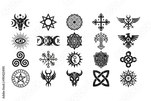 Collection of various occult and religious symbols in black and white