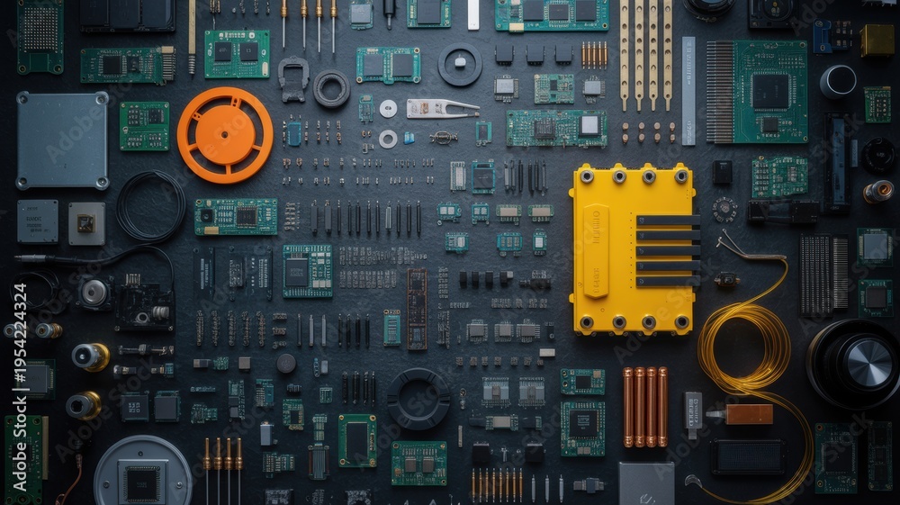 Fototapeta premium Electronic components and circuit boards with various parts