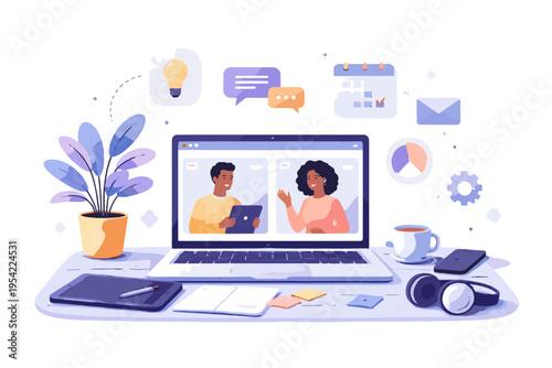 Icon bold outline remote freelance illustration cute illustration sticker style digital vector workspace collaboration