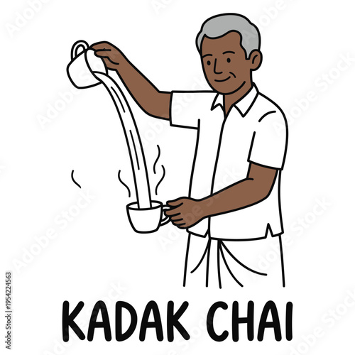 Indian tea master making kadak chai in traditional style illustration