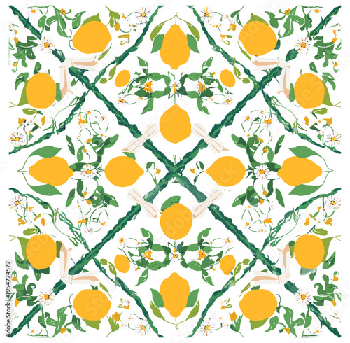 Seamless lemon floral trellis pattern with bows and leaves in elegant vintage style for textile, wallpaper, packaging and surface design