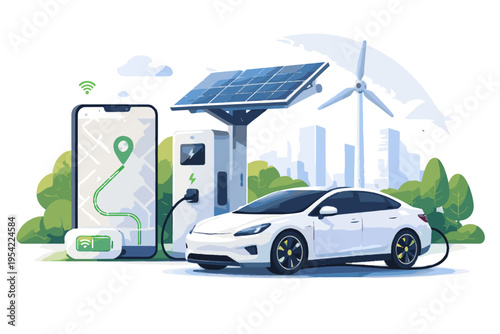 Cartoon style simple network sticker style electric flat design vehicle smart image vector charging generation