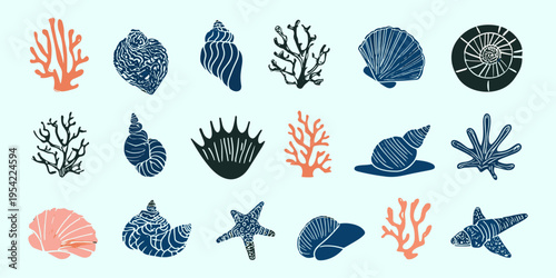 Marine seashell and coral illustration set in retro engraving style for beach decor, packaging, wallpaper and nautical design