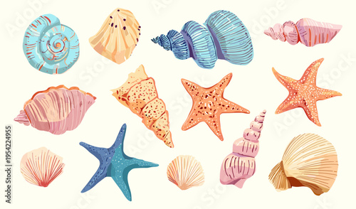 Colorful seashell collection with starfish in modern flat style for marine design, packaging, textile and summer decoration