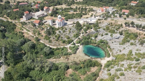 Source of the Cetina river on the slopes of Dinara mountain in Dalmatia, Croatia. Aerial view.