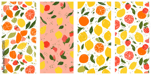 Hand drawn citrus and berry seamless pattern set with lemons oranges and strawberries for summer textile design, fresh fruit illustration, mediterranean food wallpaper, lemon background