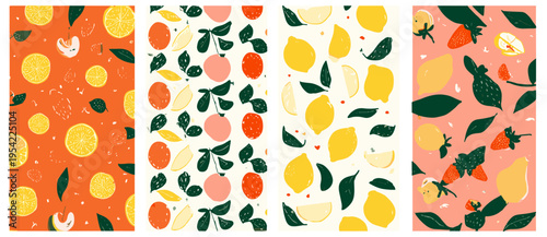 Colorful fruit illustration collection in artistic doodle style featuring lemon slices and tropical leaves for packaging