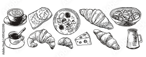 Vintage ink sketch of morning breakfast elements including coffee cups croissants and pastries for restaurant branding, food line art, bakery menu graphics, rustic kitchen decor