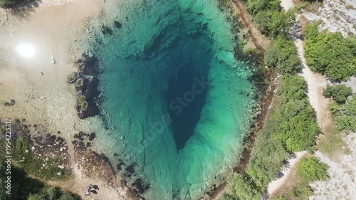 Aerial view of Cetina river spring at the foot of Dinara mountain in Croatia.