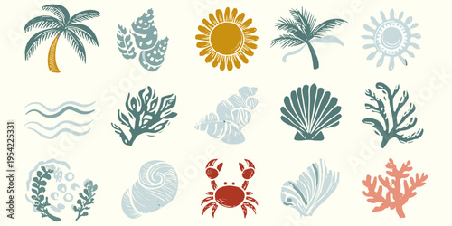 Hand drawn bohemian coastal element collection featuring crab coral and ocean waves for beachwear apparel and summer stationery, retro linocut art, seashell icons, sun graphics