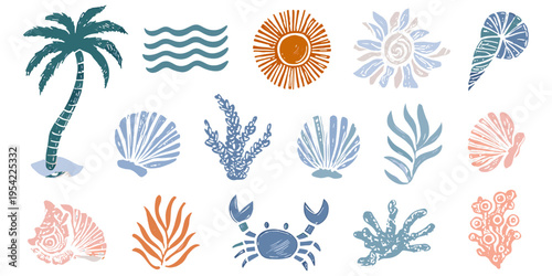 Minimalist tropical beach icon set with vintage linocut texture for surf shop branding and coastal packaging, sea life illustration, boho summer vacation art, nautical symbols