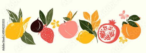 Abstract summer fruit border set with hand drawn lemon pomegranate and peach in linocut style for horizontal banner design, tropical food illustration, organic kitchen art, citrus header