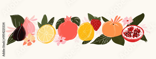 Vintage textured fruit collection featuring strawberry fig and orange with botanical leaves for Mediterranean branding, artistic food packaging, rustic market poster, fruit clipart set