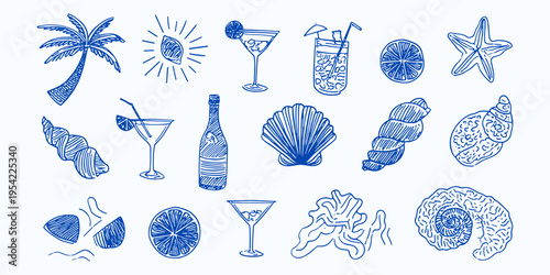 Hand drawn summer beach icon set in blue ink sketch style with cocktails palm tree and sea shells, nautical vacation clipart, tropical drink illustration, mediterranean coastal design