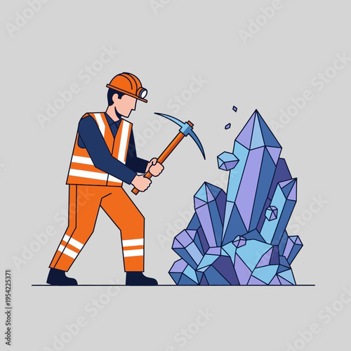 Miner digging large blue and purple crystals with pickaxe, mining gemstones, resource extraction