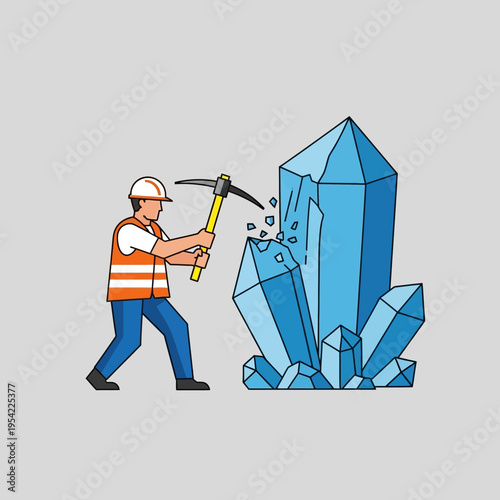Miner extracting large blue crystal with pickaxe, mining and geology concept