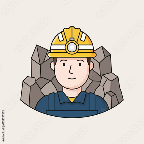 Miner in Hard Hat with Headlamp Standing in Front of Rocks, Mining Industry Concept