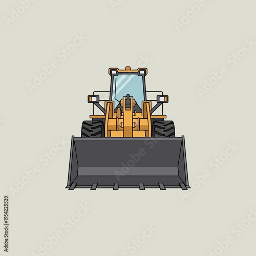 Yellow Front Loader Construction Vehicle with Large Bucket, Front View