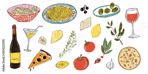 Hand drawn Italian food sketch set with pizza pasta and wine for Mediterranean restaurant branding, summer vacation food clipart, rustic kitchen decor, gourmet dining illustration