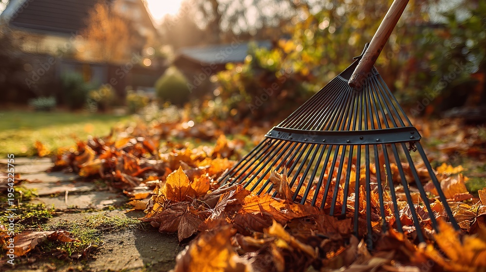 Obraz premium A rake lies on the ground amidst a pile of fallen leaves in a residential yard during autumn.