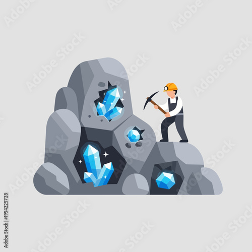Miner digging for blue crystals in rock formation, mining industry concept