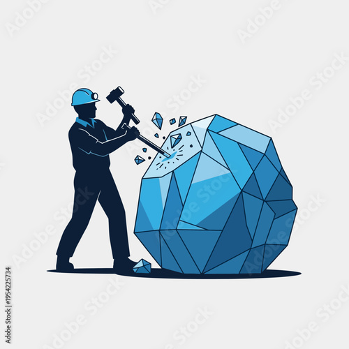 Miner chiseling a large blue crystal, concept of hard work, discovery, and mining
