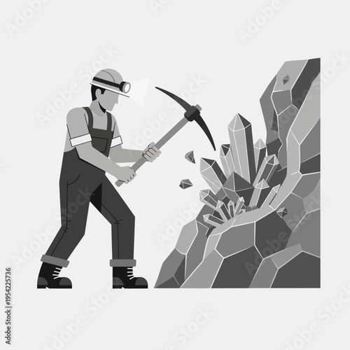 Miner digging crystals with pickaxe in cave, mining gemstones, geological exploration