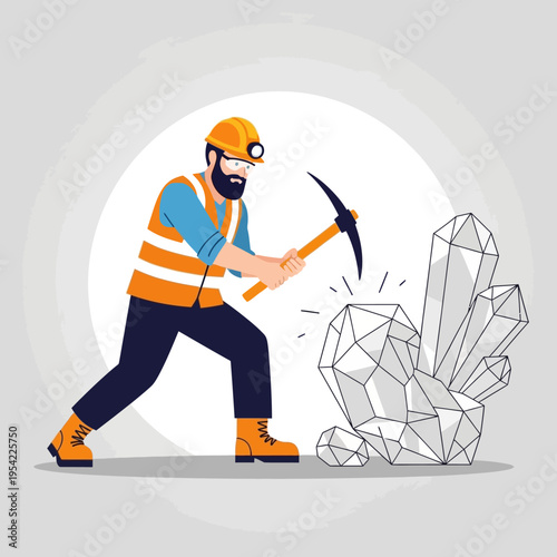 Miner digging for crystals with pickaxe, mining gemstones, resource extraction, industry concept