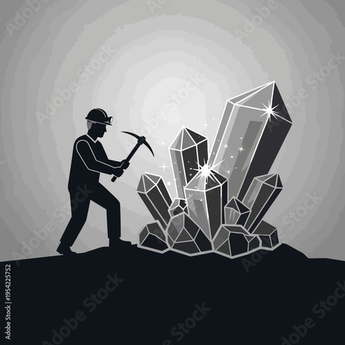 Miner digging for precious crystals in a cave, discovering sparkling gemstones