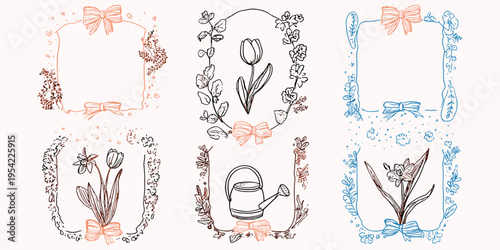 Hand-drawn spring nature with delicate flowers and flying birds for wedding invitations posters, vintage botanical sketchbook art, colorful meadow wildlife sketches