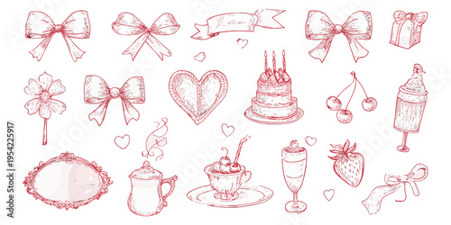 Hand-drawn romantic celebration icons featuring strawberry cake, cupcakes, and decorative bows for feminine branding and social media graphics