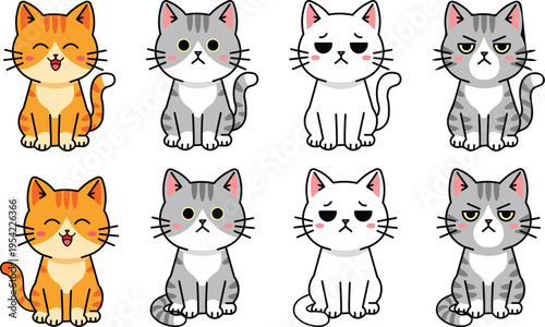 A collection of eight cute cartoon cats with different facial expressions