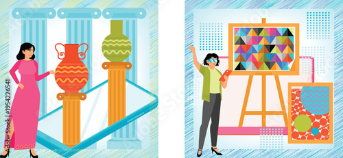 Contrast of ancient and modern artistic expressions in vibrant visuals