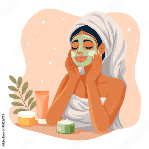 Beautiful woman with closed eyes enjoying a relaxing spa treatment, wearing a cosmetic face mask and a towel wrapped around her head for a skincare routine.