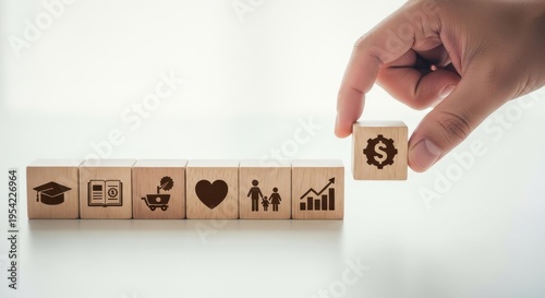 Hand Places Financial Growth Block with Icons on Table