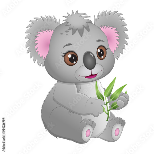 Cute Smiling Koala Holding Eucalyptus Branch Isolated, no Background