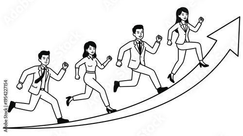 Four business people running up an arrow showing career growth