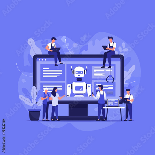 Team of engineers developing a robot on a large computer screen, artificial intelligence concept