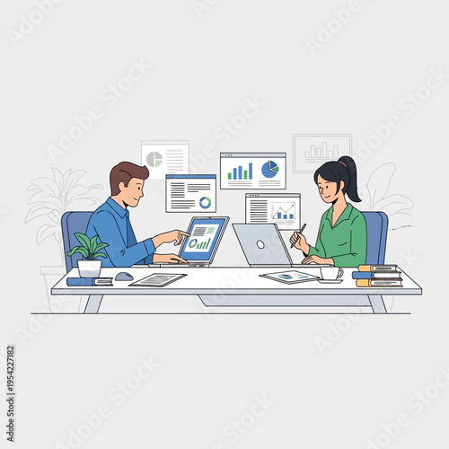 Teamwork and data analysis: two professionals collaborating on a project with charts and graphs.