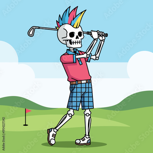 Skeleton Golfer with Mohawk Swinging Club on Green Golf Course