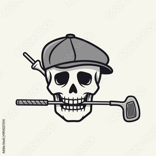 Skull wearing flat cap holding golf club in mouth, vintage style