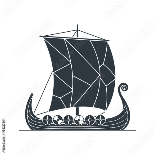 Stylized Viking Ship Silhouette with Geometric Sail on White Background