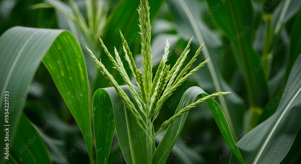 Fototapeta premium Close-up of Growing Corn Stalks With Green Leaves and Young Ear